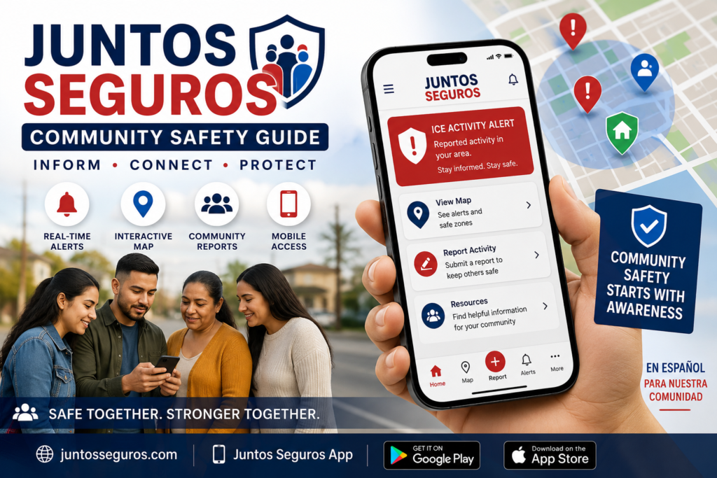 Illustration of the Juntos Seguros community safety platform showing a mobile app with real-time safety alerts, an interactive community map, and people using the app to stay informed and connected.